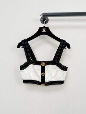 Balmain White and Black Cropped Bustier with Gold Buttons